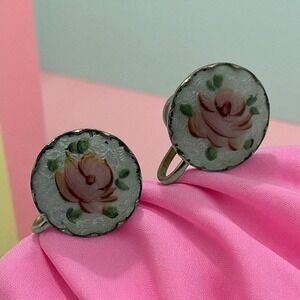 Vintage‎ Coro Guilloche Earrings Enamel Pink Rose Screw Back Silver Tone Round